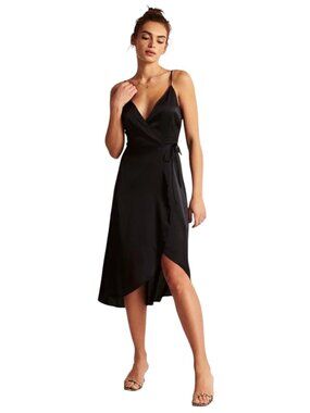Abercrombie & Fitch Black Wrap Dress Size Large Satin Spaghetti Strap Classic